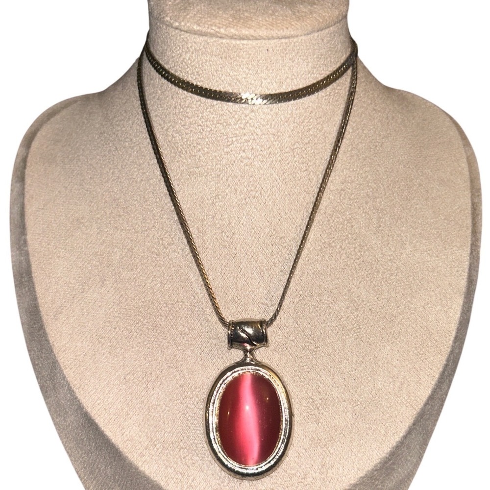 Vintage Silver Tone Pink Cats Eye Cabochon Oval Pendant Herringbone Chain Korea